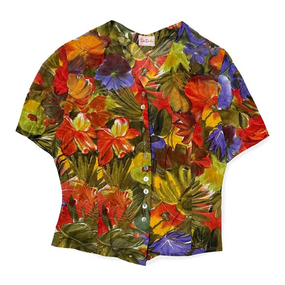 Vintage Betty Barclay, Tropical Print Down Button Down Shirt - Picture 1 of 4